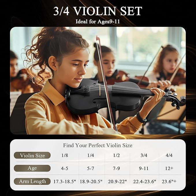 3/4 Beginner Violin Kit,Complete Violin Set with Case, Bow, Rosin,Black-CubbioJoy