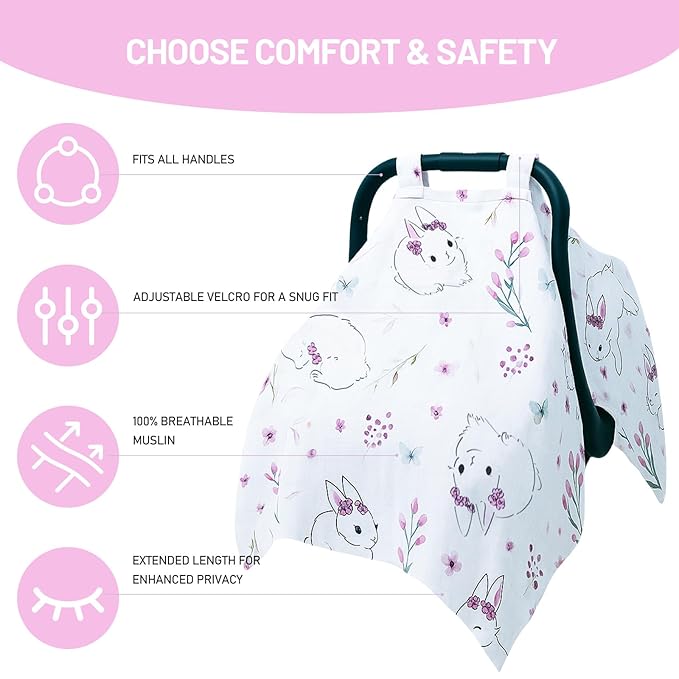 80S Muslin Car Seat Cover for Babies - Soft & Breathable Infant Carrier Canopy, Lightweight Sunshade for Summer, Universal Fit for Baby Boys & Girls-CubbioJoy