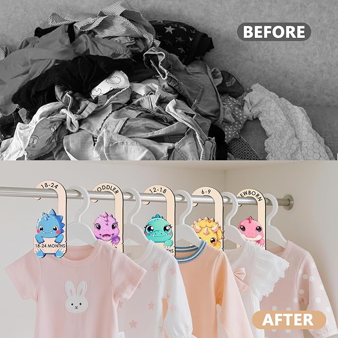 Baby Clothes Dividers for Closet - Wooden Baby Size Closet Dividers Newborn to 24 Months, Unique Dinosaur Design Babies Clothes Organizer for Nursery Decor Gender-Neutral Newborn Hangers (Set of 8)-CubbioJoy