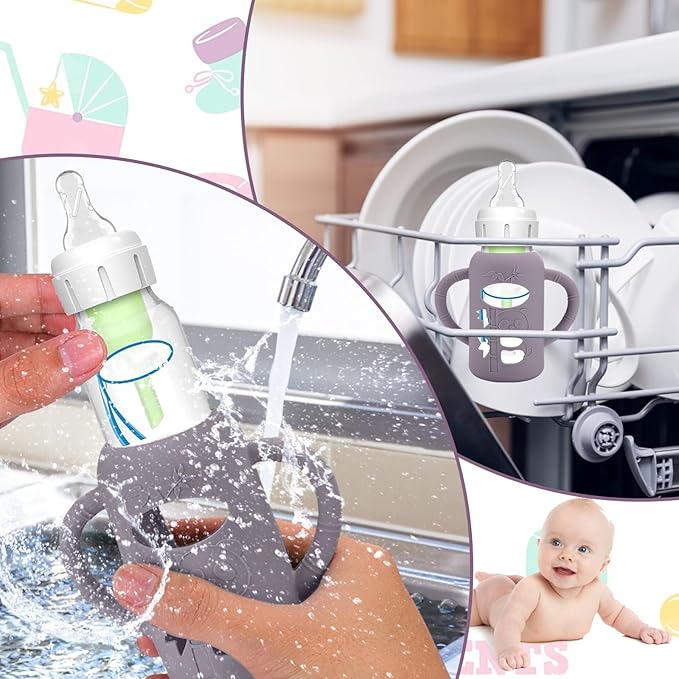 BUSOHA 3 Pack Silicone Sleeves for Dr. Brown's Glass Baby Bottles - Drop Protection Baby Bottle Sleeves,Compatible with Dr. Brown's Newborn Glass Bottles,with Silicone Handles,4 oz-CubbioJoy