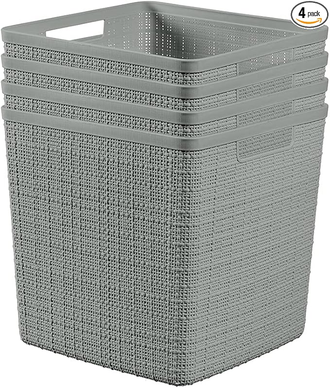 Curver Set of 4 Jute Large Cube Decorative Plastic Organization and Storage Baskets, Perfect Bins for Home Office, Closet Shelves, Kitchen Pantry and All Bedroom Essentials, Grey-CubbioJoy