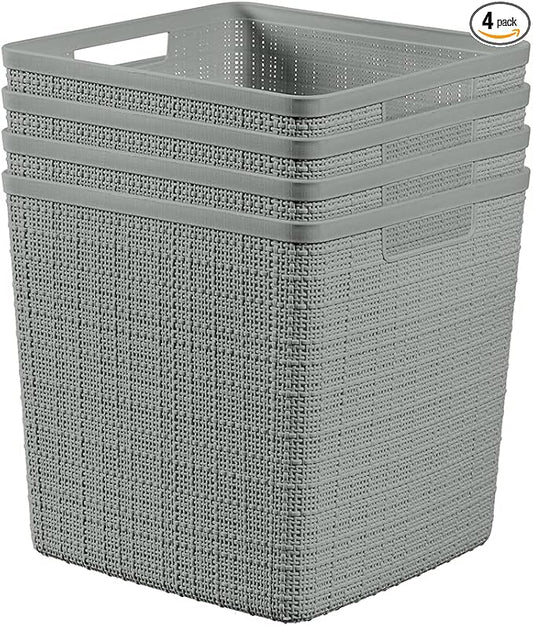 Curver Set of 4 Jute Large Cube Decorative Plastic Organization and Storage Baskets, Perfect Bins for Home Office, Closet Shelves, Kitchen Pantry and All Bedroom Essentials, Grey-CubbioJoy