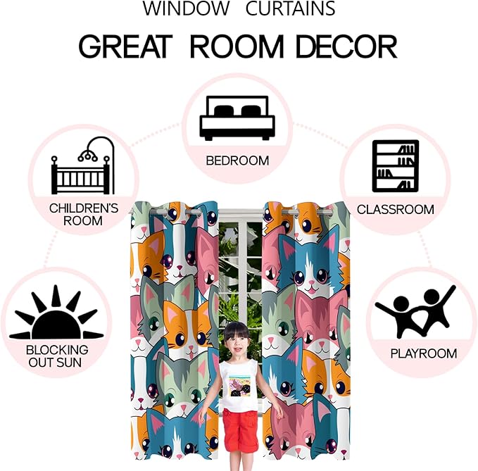 Cat Blackout Curtains for Girls - 2Pcs Cute Cartoon Cat Patterns Curtain Panels for Girls Bedroom Lovely Cats Drapes Darkening Window Curtain for Living Room Bedroom, 82" x 63"-CubbioJoy