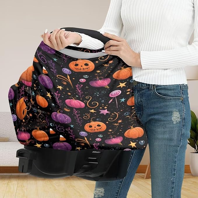 Binienty Infant Carseat Canopy, Cute Halloween Pumpkin Nursing Cover Soft Breathable Baby Car Seat Covers, Gifts for Mom Lover Wife-CubbioJoy