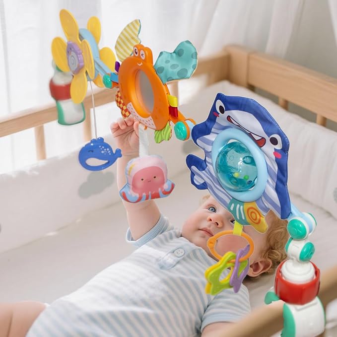 Adjustable Baby Stroller Arch Toy, Car Seat Toys for Infants 6-12 Months Hanging Toy Bar Attachment with Teether & Sound, Crib Comfort Gift for Birthday, Baby Shower-CubbioJoy