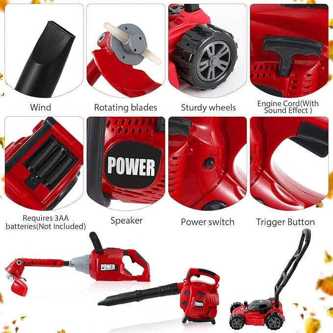 3 Pcs Toy Gardening Tool Set for Kids Toy Leaf Blower Weed Trimmer Push Lawn Mower Pretend Play Set with Lights and Sounds Christmas Birthday Gifts for Boys Girls-CubbioJoy