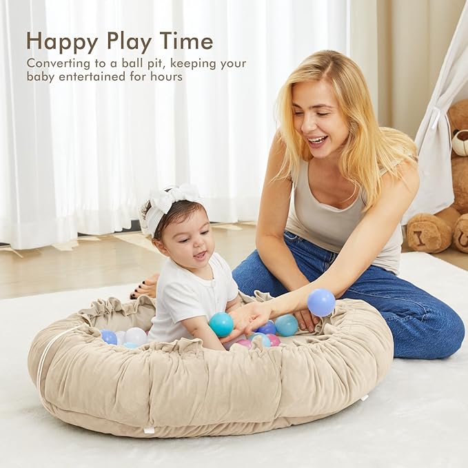 ANGELBLISS 5 in 1 Baby Play Gym Mat, Reversible Tummy Time Mat with 5 Sensory Toys for Stage-Based Developmental, Thick & Large Baby Activity Center from Newborn to Toddler (Khaki)-CubbioJoy