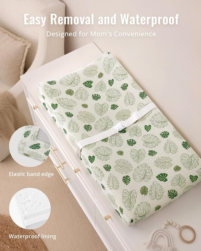 Blissful Diary Muslin Baby Changing Pad with Waterproof Lining Foam, Diaper Changing Table Pad with Cover for Dressers (Monstera, Rectangular)-CubbioJoy
