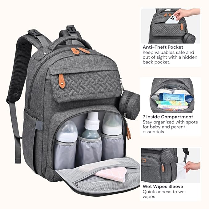 BabbleRoo Diaper Bag Backpack, Travel Backpack with Changing Pad, Pacifier Case & Stroller Straps, Multifunction, Waterproof, Unisex - Dark Gray-CubbioJoy