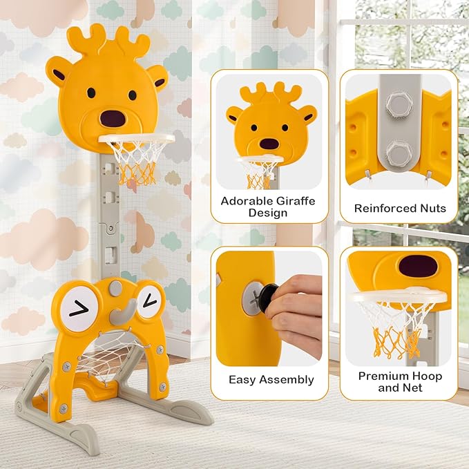 Costzon Toddler Basketball Hoop, 4-in-1 Kids Sports Activity Center with Rim, Soccer Goal, Golf, Ring Toss, Height Adjustable Kids Basketball Hoop with Fillable Base for Indoor Outdoor (Yellow Deer)-CubbioJoy