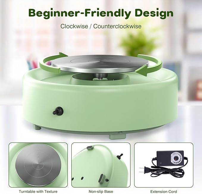 Alldeer Mini Pottery Wheel Machine - 6" Upgraded Clay Wheel for Beginners & Kids, 75W Motor, Adjustable Speed, Low Noise Ceramic Making Kit with 18PCS Sculpting Tools, Ideal for Home DIY (Green)-CubbioJoy