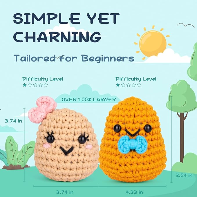 Crochetta Crochet Kit for Beginners, Learn to Crochet Kits for Adults Kids, Jumbo Potato Couple, Includes Yarn, Hooks, Stuffing, Pattern, Video Tutorials-CubbioJoy