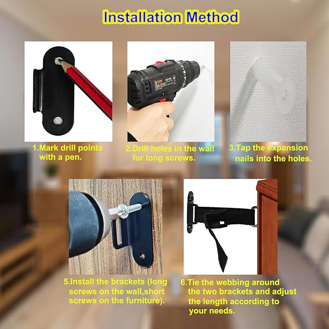 Anti Tip Furniture Anchors (2 Sets),Heavy Duty Furniture Wall Anchor,Adjustable Earthquake Straps,Furniture Anchors for Baby Proofing,Black-CubbioJoy