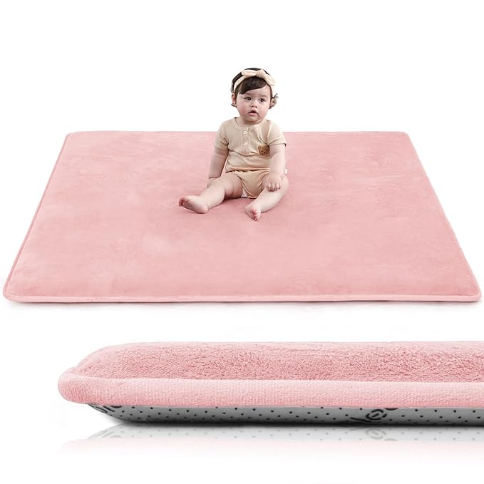 Baby Play Mat for Floor,1.3" Thick Elasti-Foam 50"×50" Playpen Mat for Tummy Time,Water Repellent Soft Coral Velvet for Toddler,Infant,Kids,Non-Slip Backing Safe for Crawling(Pink)-CubbioJoy