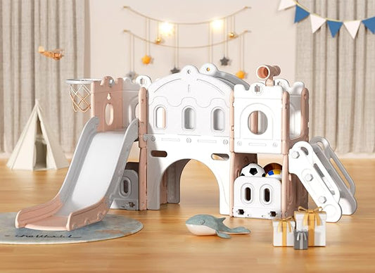 8 in 1 Toddler Slide, Kids Climber Slide with Storage Space and Non-Slip Steps, Indoor Outdoor Playset with Basketball Hoop and Telescope, Slide for Toddlers Age 1-3, Pink White-CubbioJoy