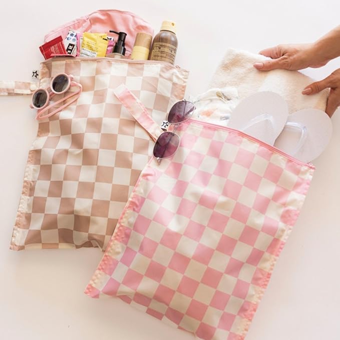 Tiny Twinkle Mess-Proof Waterproof Wet Dry Bag | 2-Pack Reusable Wet Bags for Swimsuits & Baby Clothes | Leakproof Wet Bag for Travel & Diaper Changes for Baby (Pink, Brown Checkers)-CubbioJoy