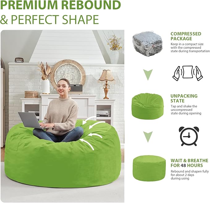 4FT Bean Bag Chair, Large Bean Bag Chairs with Memory Foam Filled, Fluffy Beanbag Sofa with Dutch Velvet Cover, Round BeanBag Chairs for Living Room, Playroom - Lime-CubbioJoy