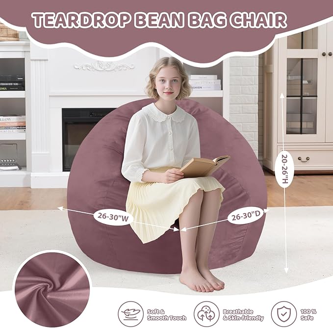 2FT Bean Bag Chair, Comfy Bean Bag Chairs with Memory Foam Filled, Fluffy Beanbag Sofa with Dutch Velvet Cover,Teardrop BeanBag Chairs for Living Room, Playroom - Dusty Pink-CubbioJoy