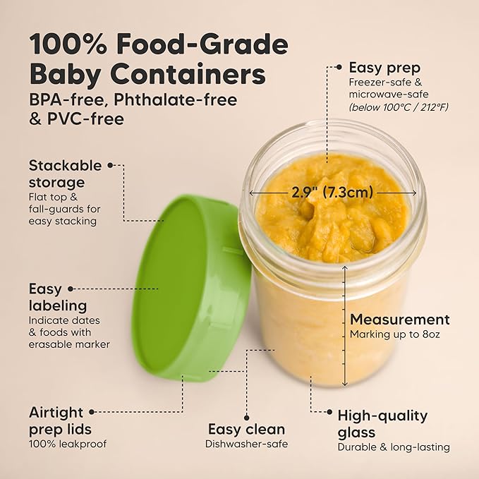 KeaBabies 4pk 8oz Glass Baby Food Containers with Lids - Leak-Proof, Microwavable Small Glass Jars, Baby Purees & Toddler Snack Storage Containers, BPA-Free, Dishwasher & Freezer Safe (Kea)-CubbioJoy