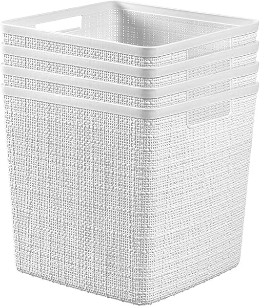 Curver Jute Decorative Plastic Organization and Storage Basket Perfect Bins for Home Office, Closet Shelves, Kitchen Pantry and All Bedroom Essentials, White, Large Cube, Set of 4-CubbioJoy
