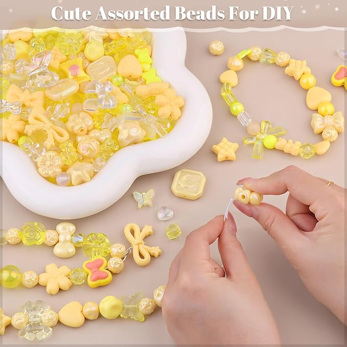 Assorted 170-230PCS Yellow Acrylic Beads for Bracelet Making, Flower Bow Butterfly Candy GummyBear Aesthetic Bracelet Charms,Cute Beads for Jewelry Making DIY Necklace Keychain Phone Charm-CubbioJoy