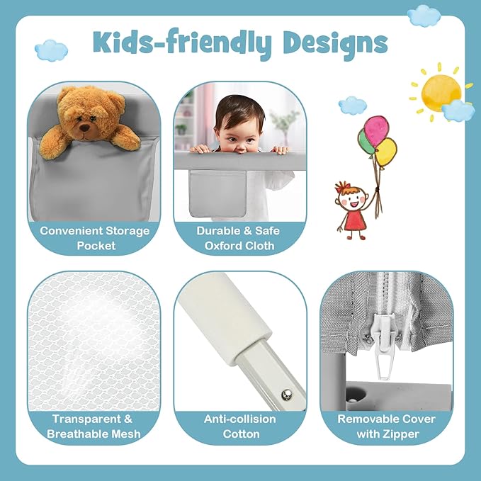 BABY JOY Bed Rail for Toddlers, 77'' Extra Long, Height Adjustable & Foldable Baby Bed Rail Guard w/Storage Pocket & Double Safety Child Lock for Kids Twin Double Full Size Queen King Mattress (Gray)-CubbioJoy