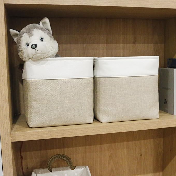 Collapsible Fabric Storage Cubes 11x11 Cube Storage Bins, 4 Pack Closet Baskets Box with Handles for Organizing, Shelf, Toys, Clothes, Home, Office, Nursery (Beige&White)-CubbioJoy