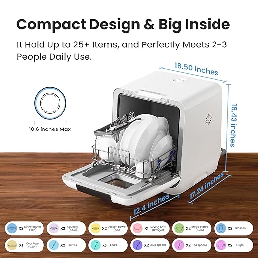 COMFEE' Countertop Dishwasher, Portable Dishwasher with 6L Built-in Water Tank, Mini Dishwasher with More Space Inside, 7 Programs, UV Hygiene& Auto Door Open, for Apartments, Dorms& RVs, White-CubbioJoy