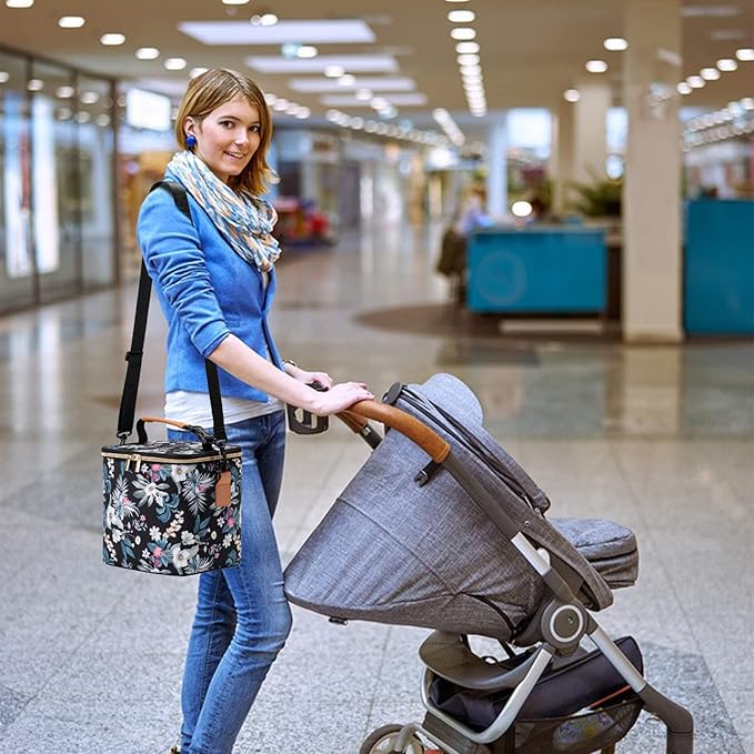 Breastmilk Cooler Bag with Ice Pack Fits 6 Baby Bottles Up to 9 Ounce, Baby Bottle Bag with Shoulder Strap for Nursing Mom Daycare, Floral-CubbioJoy