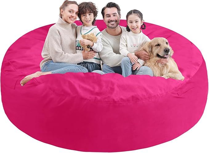 7FT Bean Bag Chair, Large Bean Bag Chairs with Memory Foam Filled, Fluffy Beanbag Sofa with Dutch Velvet Cover, Round BeanBag Chairs for Living Room, Playroom - Pink-CubbioJoy
