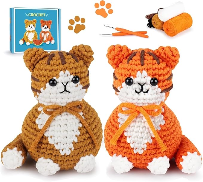 Crochet Kit for Beginners, 2PCS Cat Crochet Animal Kit with Step-by-Step Video Tutorials, Beginner Crochet Kit for Adults, Crochet Starter Kit for Kids, Learn to Crochet, Stuffed Animal Knitting Kit-CubbioJoy