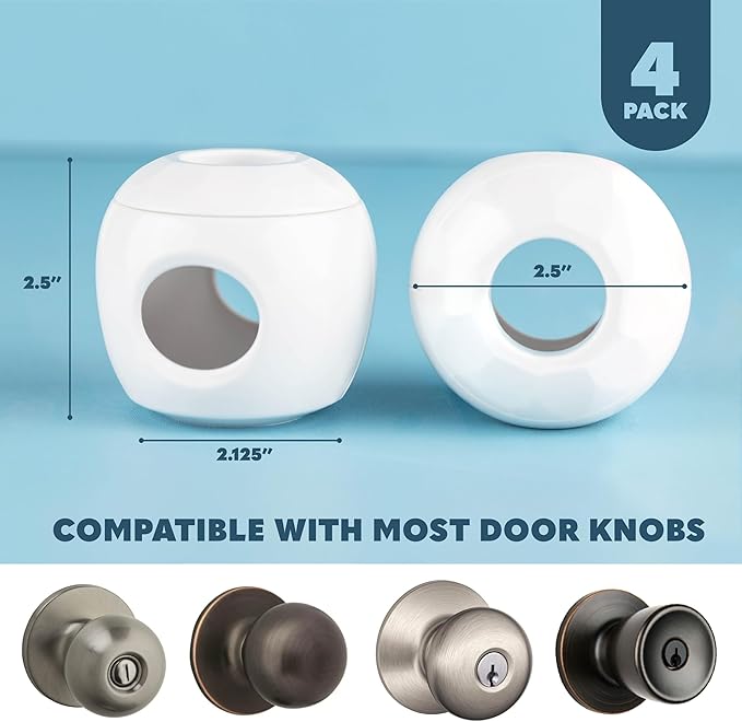 Baby Proofing Door Knob Covers 4 Pack - Easy to Install Child Safety Locks for Doors, Durable & Reusable Child Proof Door Lock, Dual-Lock & Versatile Design, Fits Round Doorknobs, White-CubbioJoy