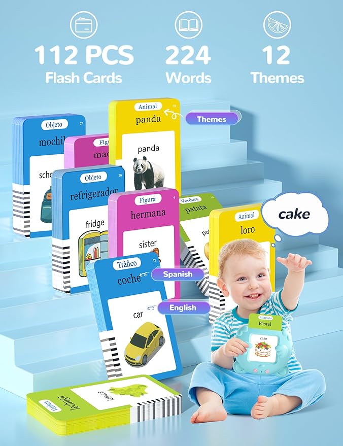 Bilingual Talking Flash Cards for Toddlers, 224 Sight Words Spanish and English Learning Flashcards for Kids, Autism Pocket Speech Therapy Toys, Española Vocabulary-CubbioJoy