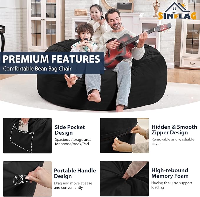 4FT Bean Bag Chair, Large Bean Bag Chairs with Memory Foam Filled, Fluffy Beanbag Sofa with Dutch Velvet Cover, Round BeanBag Chairs for Living Room, Playroom - Black-CubbioJoy