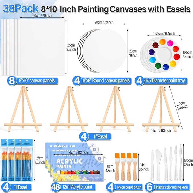 12 Pack 8x10” Canvas Boards and Round Canvas for Painting, Couple Painting Kit with Wood Easel, Acrylic Paint, Paint Brushes Set for Kids Teenagers Adults Date Night Sip and Paint Party-CubbioJoy