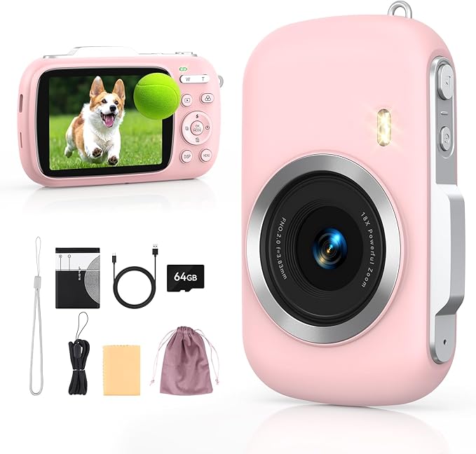 Digital Camera 4K 64MP - Vlogging Camera for Kids & Beginners | 18X Zoom Point and Shoot Camera Anti Shake, Compact with Flash, Gift for Boys Girls(Pink+Silver)-CubbioJoy