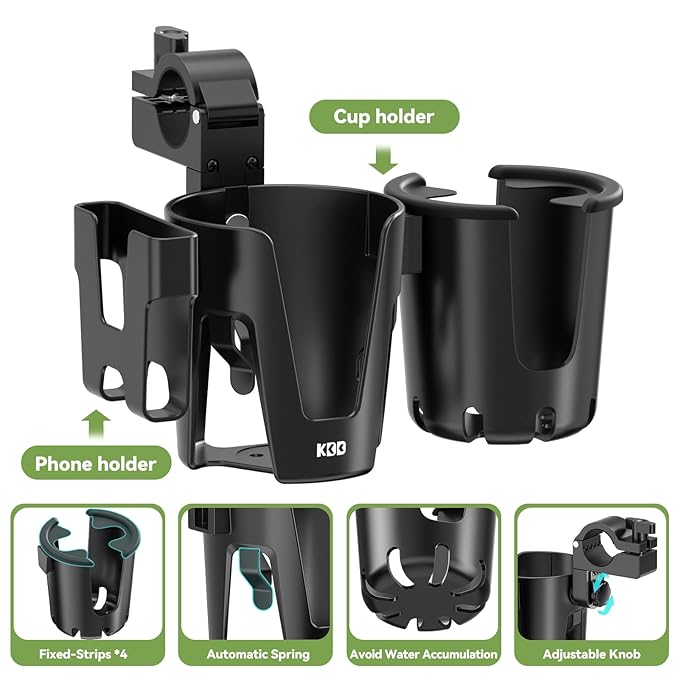 KDD Stroller Cup Holder with Phone Holder, 3-in-1 Removable Bottle Holder, 360 Degrees Rotation Drink Holder for Wheelchair, Stroller, Bike, Walker, Scooter, Bicycle, Uppababy, Bugaboo, Britax-CubbioJoy