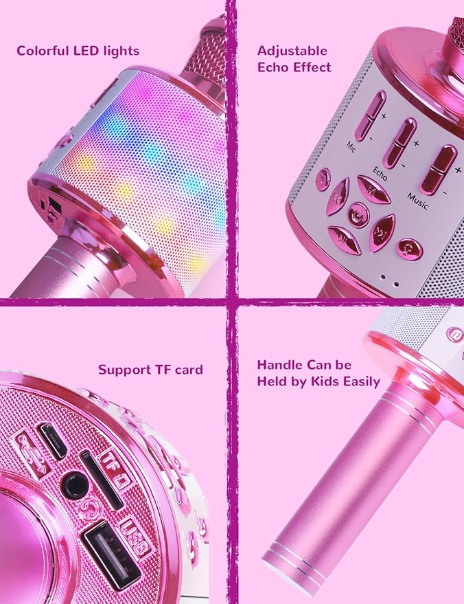 Amazmic Toys for Girls, Kids Karaoke Microphone Toddler Microphone for Kids with Lights, Birthday Gift for Girls, Boys Toy Age 3 4 5 6 7 8+(Light Pink)-CubbioJoy