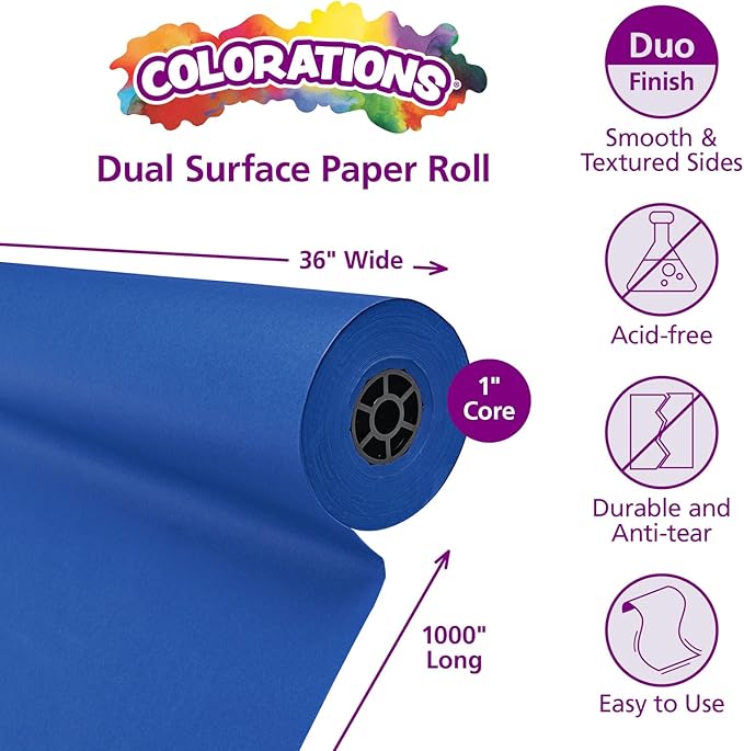 Colorations Arts and Crafts Paper Roll - 36" x 1000', Royal Blue, Dual Surface, Markers, Finger Paints, Painting, Watercolors, Acrylic Paints, Wall Art, Bulletin Board Paper, Kids Crafts (Item # DSRB)-CubbioJoy