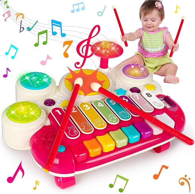 3 in 1 Musical Toys for Toddlers 1-3 Piano Xylophone Drum Set Toys for 1 2 3 Year Old Girls Birthday Music Instruments Baby Learning Developmental Sensory Toys Toddler Toys Age 1-2 2-3-CubbioJoy