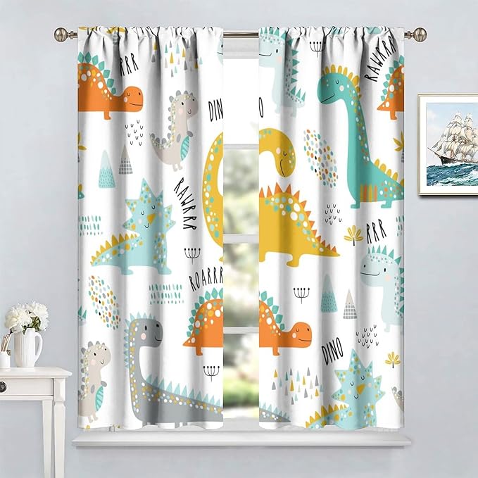 Dinosaur Curtains for Kids Boys Girls Home Decor Childish Cute Dino Animals Print Pattern Rod Pocket Blackout Window Drapes for Nursery Baby Bedroom Playroom W42xL84in 2 Panels-CubbioJoy