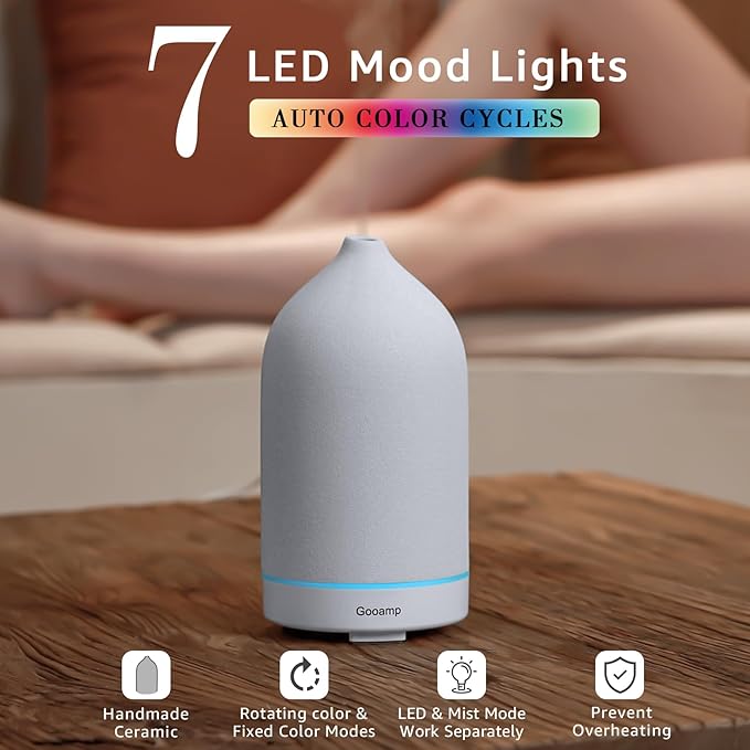 200ML Ceramic Essential Oil Diffuser - Ultrasonic Aromatherapy & Humidifier with 7-Color LED Lights, Auto Shut-Off, White, 1H/3H/6H Timer | Scent for Home,Office,Yoga-CubbioJoy
