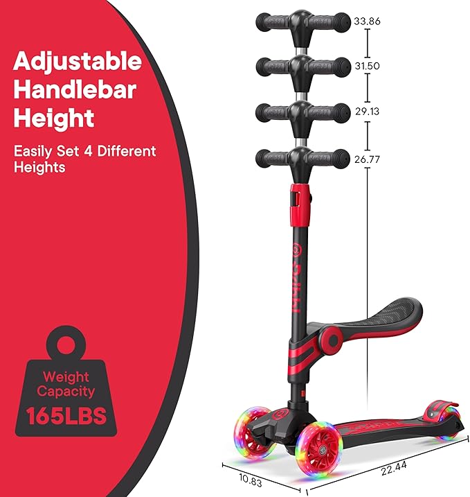 Black and Red 3 Wheel Scooter with Seat for Kids – Light-Up LED Wheels, Adjustable Handlebar and Seat, Smooth PU Wheels, Wide Anti-Slip Deck, Rear Foot Brake – Toddler Outdoor Toys for Ages 2+-CubbioJoy