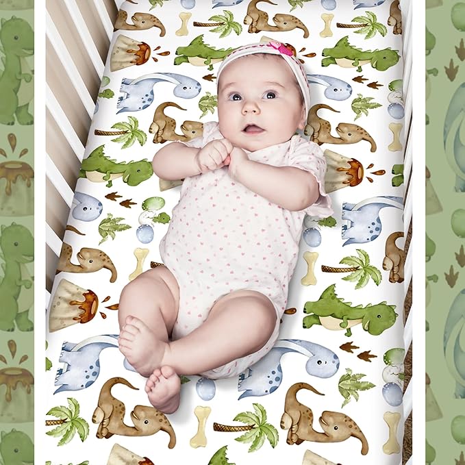 3 Pcs Baby Crib Bedding Set Safari Animals Dinosaurs Bear Woodland Animals Jungle Crib Set Includes Quilt, Fitted Sheet, Skirt for Baby Boy Girl(Green,Dinosaur)-CubbioJoy