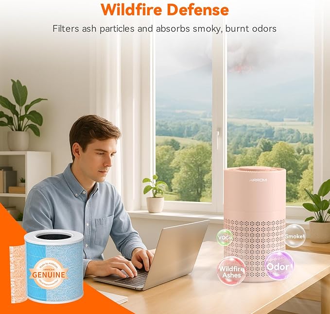 AIRROMI Air Purifier for Bedroom with HEPA 3-in-1 Filter, Pet Air Purifier for Home Cat Pee Smell, Covers Upto 990 Ft², Quiet 360°intake Air Cleaner for pet hair,allergies,Dust,Smoke A2001 Orange-CubbioJoy