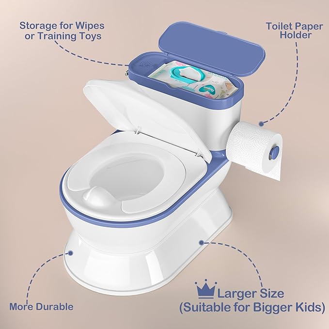 2-in-1 Toddler Potty Training Toilet - Larger Potty Chair & Detachable Training Seat for Boys & Girls Ages 1-3 with Flushing Sound, Wipes Storage, Toilet Paper Holder - Blue-CubbioJoy