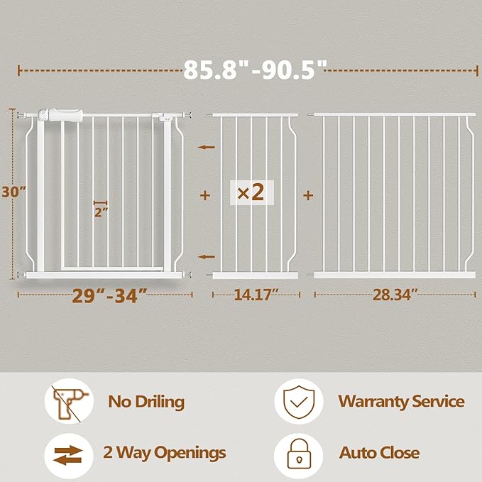 Baby Gate for Doorways Stairs Hallway 85.8-90.5 Inch Wide, Walk Through Child Gates with Pressure Mounted Extention Kit, Indoor Safety Child Gates for Kids or Pets-CubbioJoy