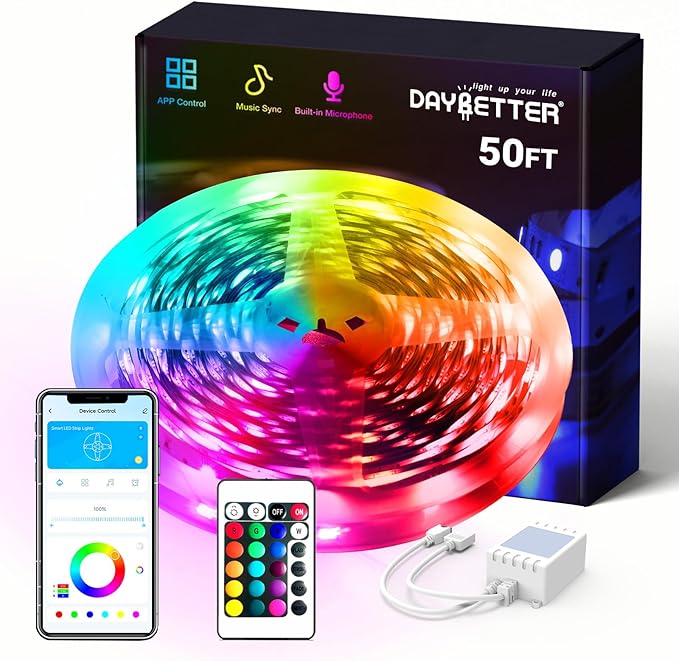 DAYBETTER Smart RGB Led Strip Lights, 50ft Led Lights for Bedroom with App Control, Multicolor Changing Led Light Strips Apply for Home Decor, Living Room, Kitchen, Home Party Decoration, 12V-CubbioJoy