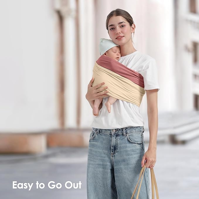 Baby Wrap Carrier, Lightweight Baby Wearing Wraps for Newborn and Infant, Soft Swaddle Holder Carrier, Cozy Baby Sling 7-35 lbs Cream+Pink-CubbioJoy