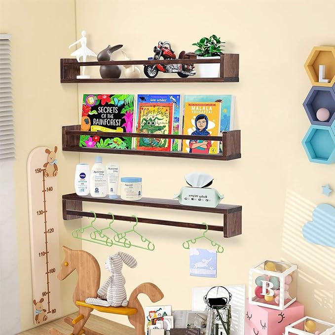AZSKY Nursery Book Shelves Deep Walnut Wall Mount Floating Book Shelf for Bedroom Wooden Wall Book Shelf Children Kids Toddler Wall Bookshelf 36 Inch a Set of 3 Same Sizes-CubbioJoy